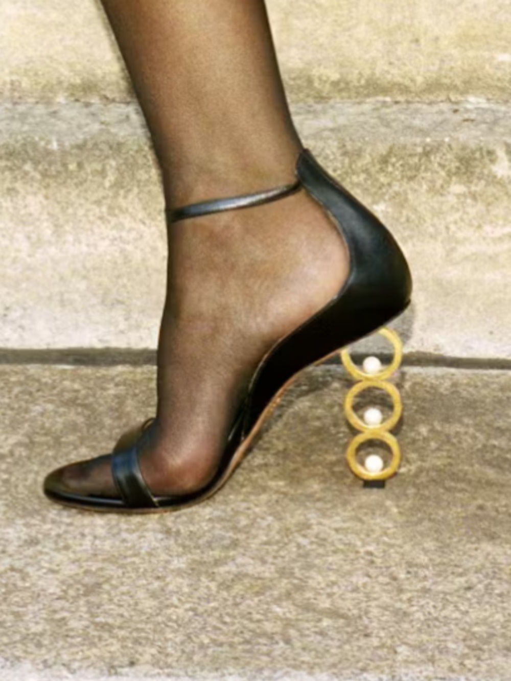 Aquazzura Black Leather Ankle-Strap Heels with Gold Ring Pearl-Accent Heel